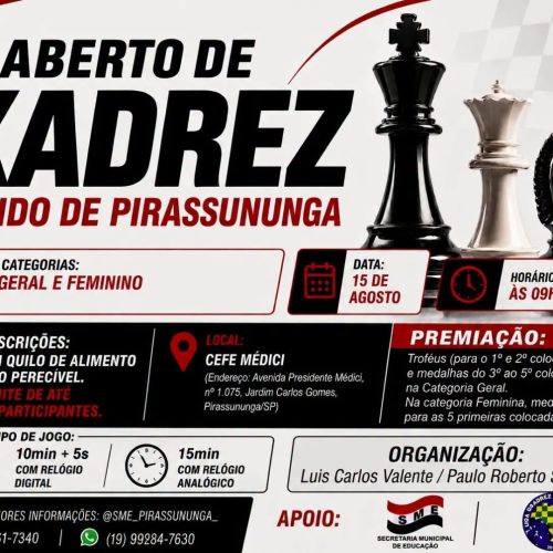Inscrições para o 1º Aberto de Xadrez Rápido de Pirassununga já estão abertas