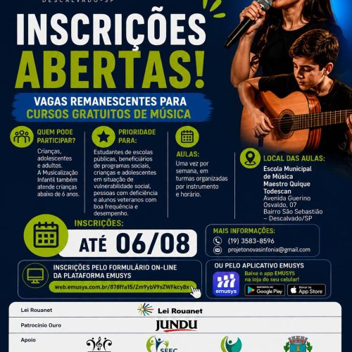 Projeto Nova Sintonia abre inscrições para cursos gratuitos de música em Descalvado