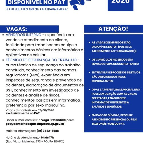 Santa Rita do Passa Quatro divulga novas vagas de emprego pelo PAT