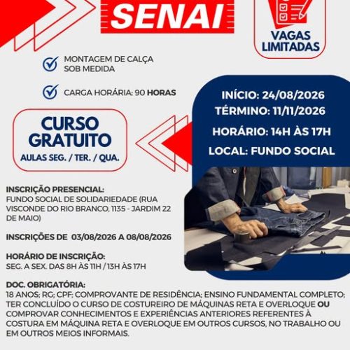 Curso gratuito do SENAI abre inscrições para capacitação em montagem de calça em Santa Rita do Passa Quatro