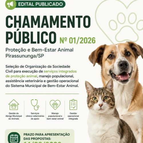 Prefeitura de Pirassununga abre seleção de OSC para gestão do bem-estar animal