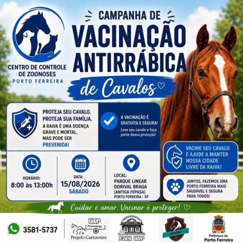 Vacinação e microchipagem gratuita de cavalos será realizada em Porto Ferreira no dia 15 de agosto
