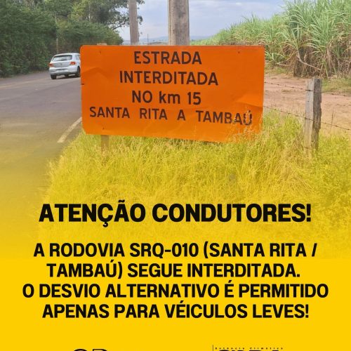 Rodovia SRQ-010 continua interditada entre Santa Rita do Passa Quatro e Tambaú