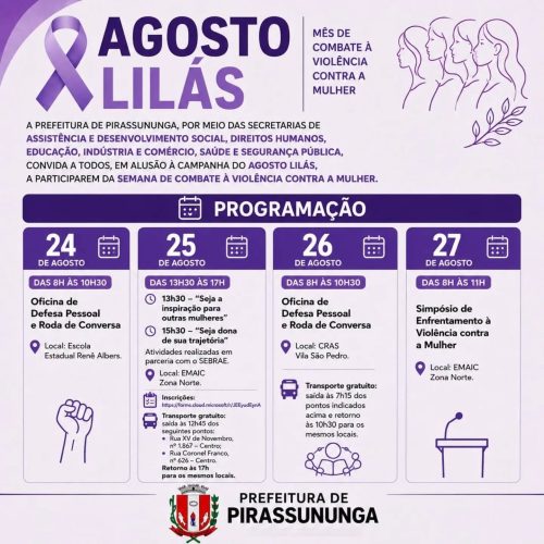 Pirassununga promove semana de combate à violência contra a mulher no Agosto Lilás