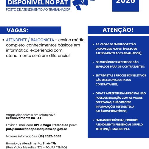 Santa Rita do Passa Quatro tem nova vaga de emprego disponível pelo PAT