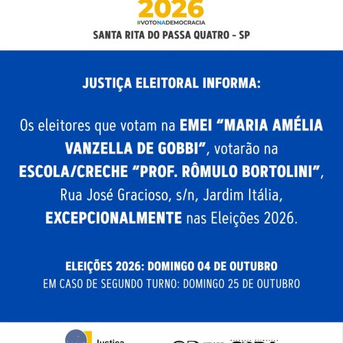 Eleitores de Santa Rita do Passa Quatro terão mudança no local de votação em 2026