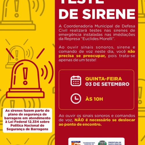 Amanhã, dia 03/09, Santa Cruz da Conceição terá teste de sirenes na Represa Euclides Morelli