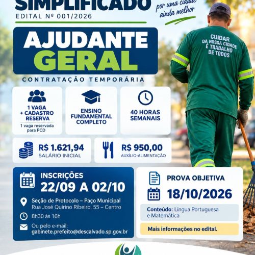 Descalvado abre processo seletivo para contratação de Ajudante Geral