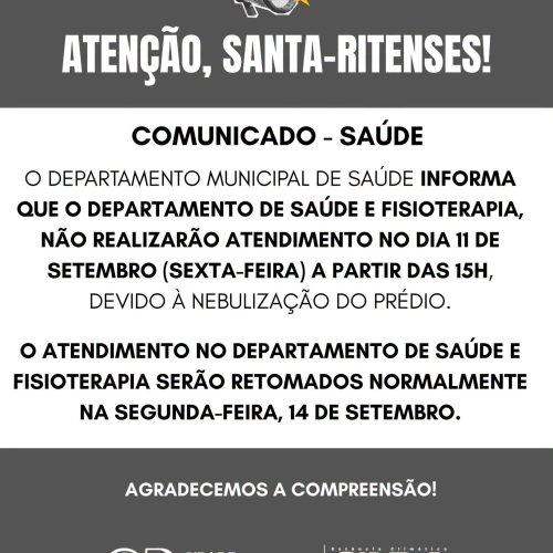 Atendimento da Saúde e Fisioterapia será interrompido em Santa Rita do Passa Quatro nesta sexta-feira (11/09)
