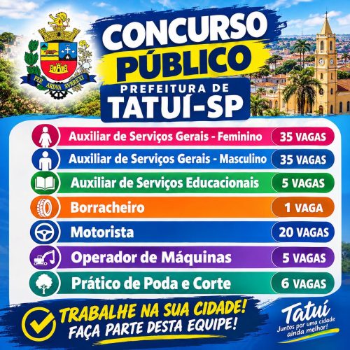 Prefeitura de Tatuí abre concurso com 102 vagas e salários de até R$ 2,1 mil