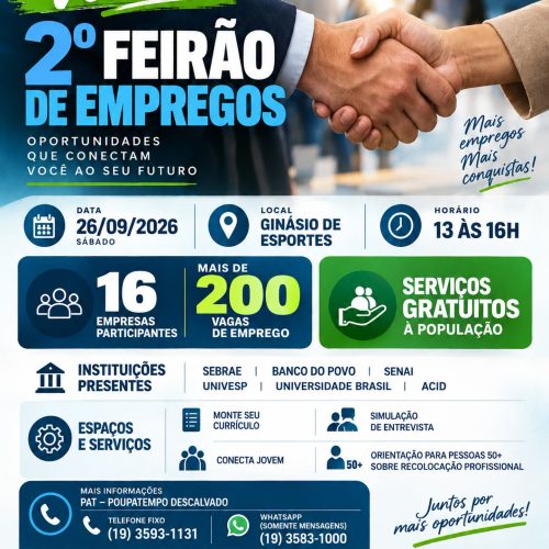 Descalvado terá Feirão de Empregos com mais de 200 vagas no dia 26 de setembro