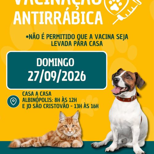 Vacinação antirrábica será realizada neste domingo (27) em Albinópolis e Jardim São Cristóvão em Santa Rita do Passa Quatro