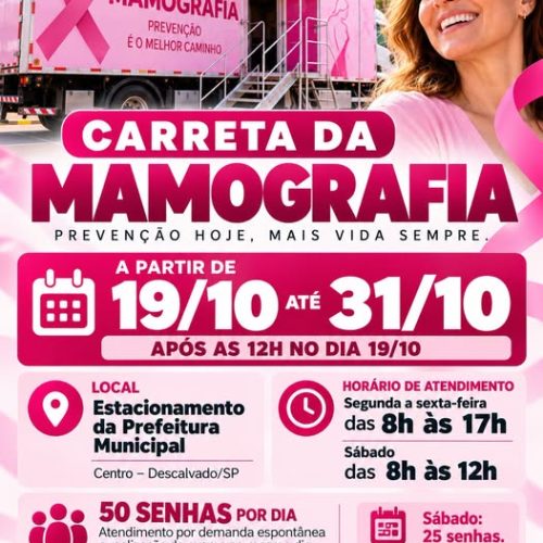 Carreta da mamografia chega a Descalvado para ampliar acesso à prevenção do câncer de mama
