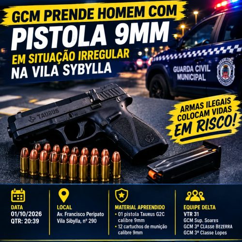 GCM prende homem com pistola 9mm durante ocorrência na Vila Sibylla, em Porto Ferreira