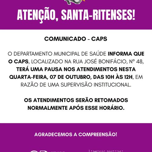 CAPS terá pausa temporária no atendimento nesta quarta-feira em Santa Rita do Passa Quatro