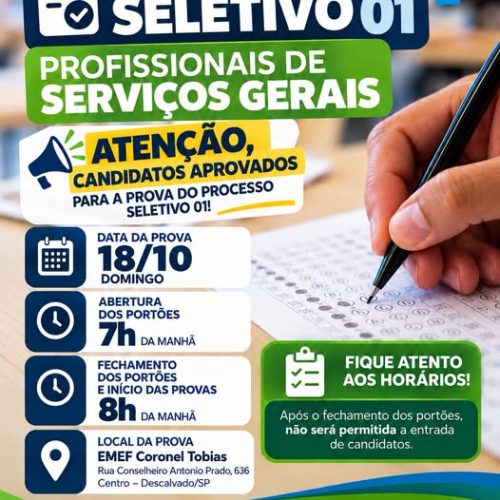Prova para candidatos a Serviços Gerais em Descalvado será realizada neste domingo