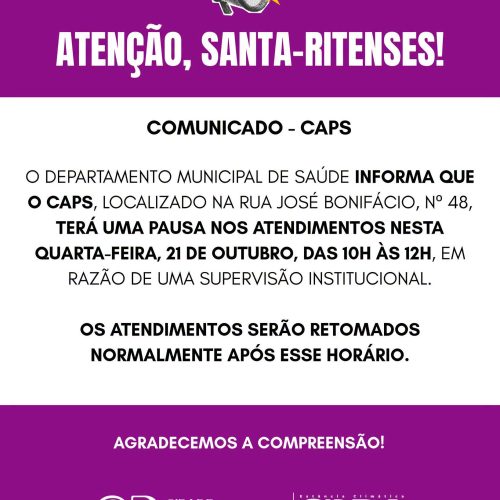 CAPS de Santa Rita do Passa Quatro terá pausa no atendimento nesta quarta-feira