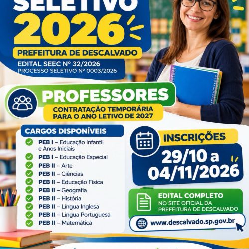 Descalvado abre inscrições para processo seletivo de professores a partir de 29 de outubro