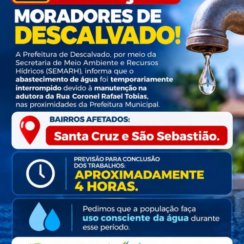 Manutenção em adutora interrompe temporariamente o abastecimento de água em Descalvado