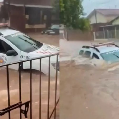 Viatura da PM é arrastada por enxurrada após forte chuva no interior de SP