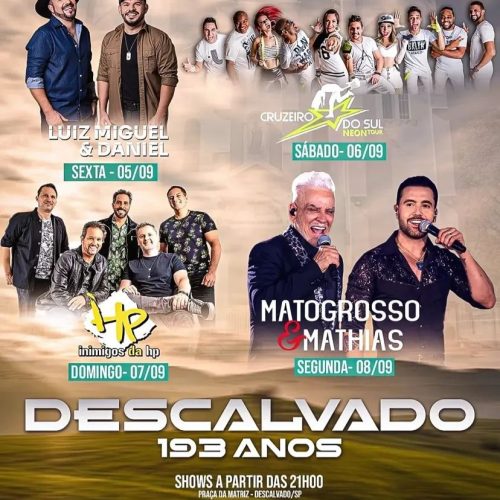 Descalvado comemora 193 anos com quatro noites de shows gratuitos na Praça da Matriz