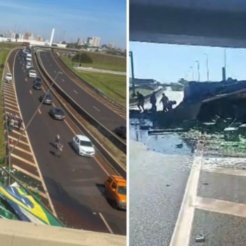 Caminhão carregado de cerveja tomba na rodovia Anhanguera e causa Interdições próximo ao km 307