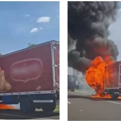 Caminhão pega fogo na Rodovia Brigadeiro Faria Lima neste sábado (25).