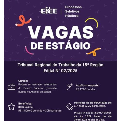TRT da 15ª Região oferta vagas de estágio para Porto Ferreira e região