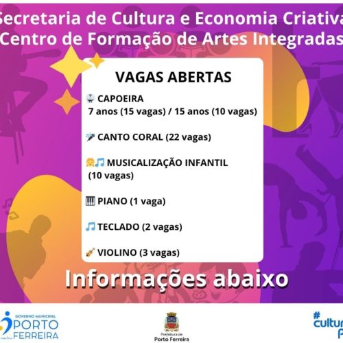 Oficinas culturais estão com inscrições abertas para diversas modalidades artísticas em Porto Ferreira