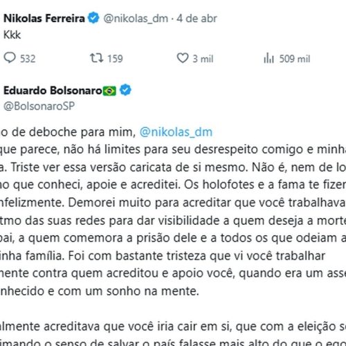 Eduardo Bolsonaro, filho do ex-presidente, ataca Nikolas Ferreira; acusando o parlarmentar de traição aos ideias bolsonaristas