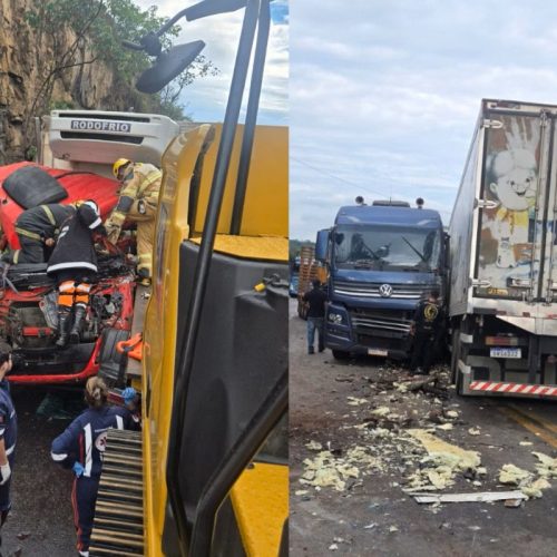 Homem fica preso às ferragens após colisão entre caminhão e carreta na BR-381
