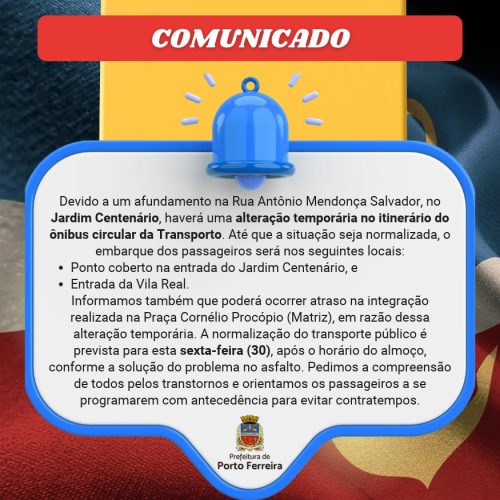 Afundamento em rua provoca mudanças no transporte público de Porto Ferreira.