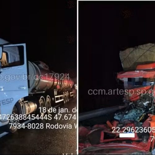 Motorista fica preso às ferragens após acidente entre carreta e caminhão na SP-310
