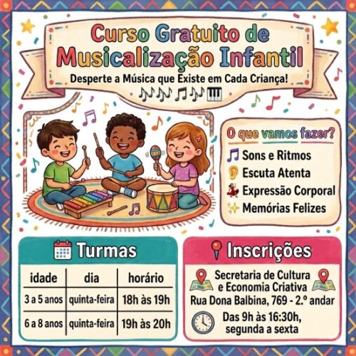 Secretaria de Cultura de Porto Ferreira abre inscrições para o curso gratuito de musicalização para crinaças de 3 a 8 anos  infantil
