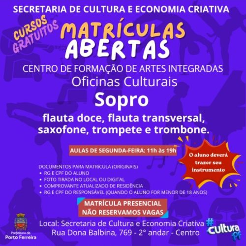 Cursos gratuitos de música abrem matrículas em Porto Ferreira