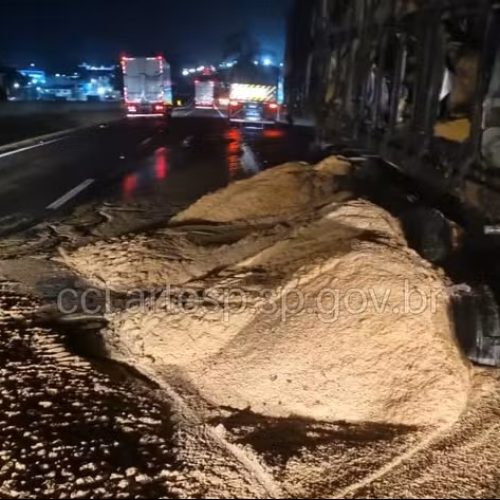 Carreta carregada com farelo de soja pega fogo e interdita Rodovia Anhanguera em Porto Ferreira