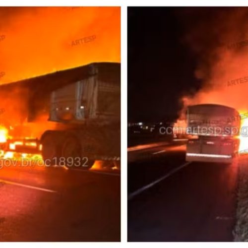 Carreta com açúcar pega fogo e interdita rodovia no interior de SP