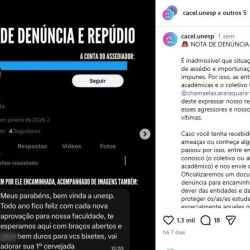 Calouras da Unesp denunciam perfil falso por assédio em Araraquara