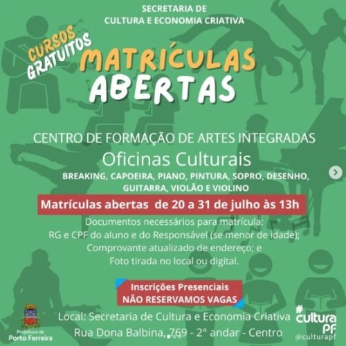 Matrículas para oficinas culturais gratuitas estão abertas em Porto Ferreira