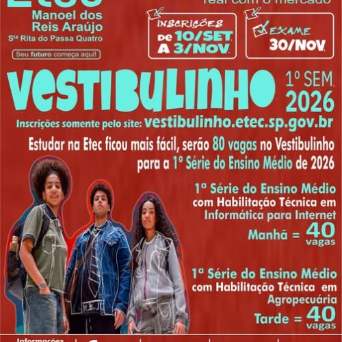 Etec de Santa Rita do Passa Quatro está com inscrições abertas para o vestibulinho
