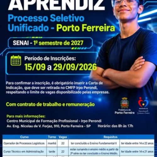 Inscrições para o Jovem Aprendiz SENAI 2027 começam hoje (15/09) em Porto Ferreira