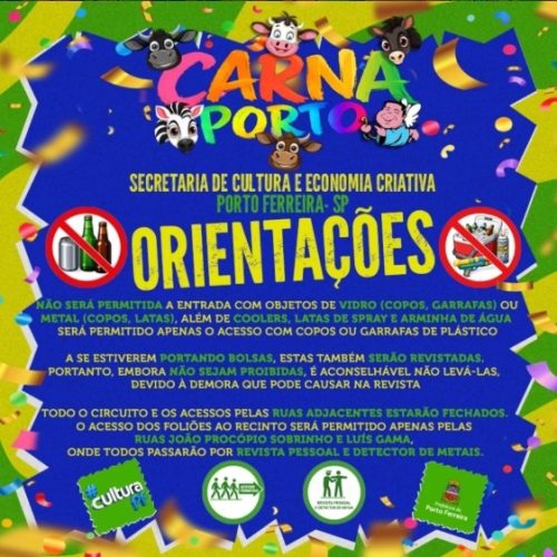 Carnaval Municipal de Porto Ferreira 2026 terá regras rígidas de acesso e proibição de vidro e metal na festa