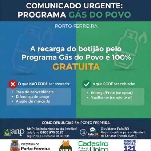 Prefeitura de Porto Ferreira reforça que recarga do Programa Gás do Povo é gratuita