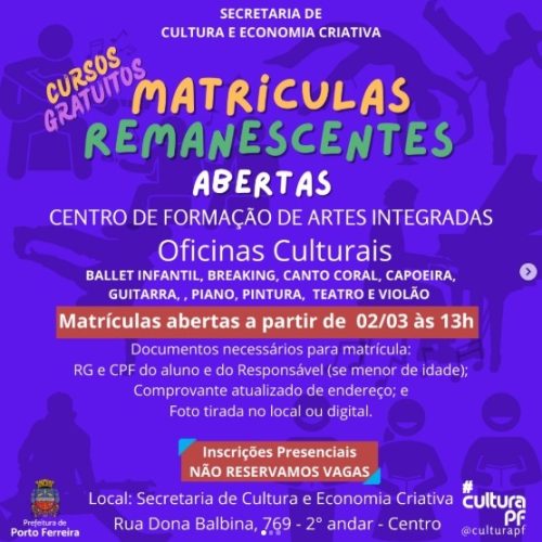 Cursos gratuitos de artes abrem matrículas remanescentes em Porto Ferreira