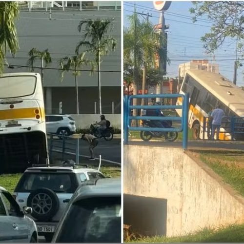 Ônibus sem freio cai em córrego e assusta moradores