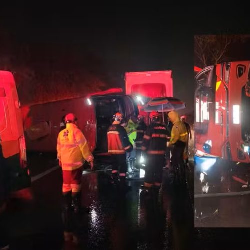 Ônibus com romeiros tomba na rodovia Washington Luís e deixa 13 feridos