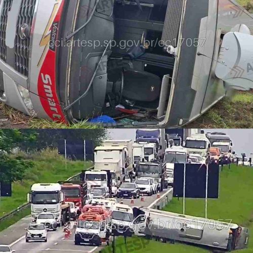 Micro-ônibus tomba na SP-340 durante chuva e deixa 10 feridos