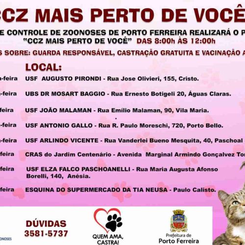 Centro de Zoonoses de Porto Ferreira divulga calendário do programa CCZ Mais Perto de Você