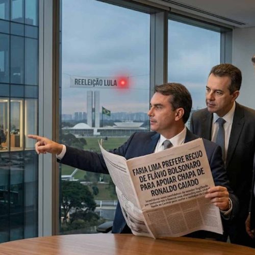 Faria Lima pressiona por um recuo de Flávio Bolsonaro em favor do apoio a Ronaldo Caiado (PSD) para presidente.