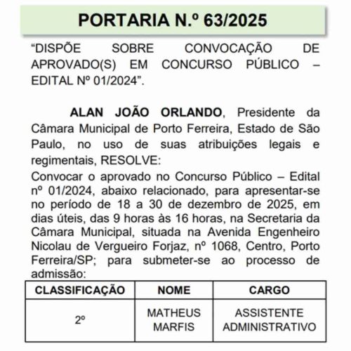 Atenção! Câmara de Porto Ferreira convoca aprovado em concurso público